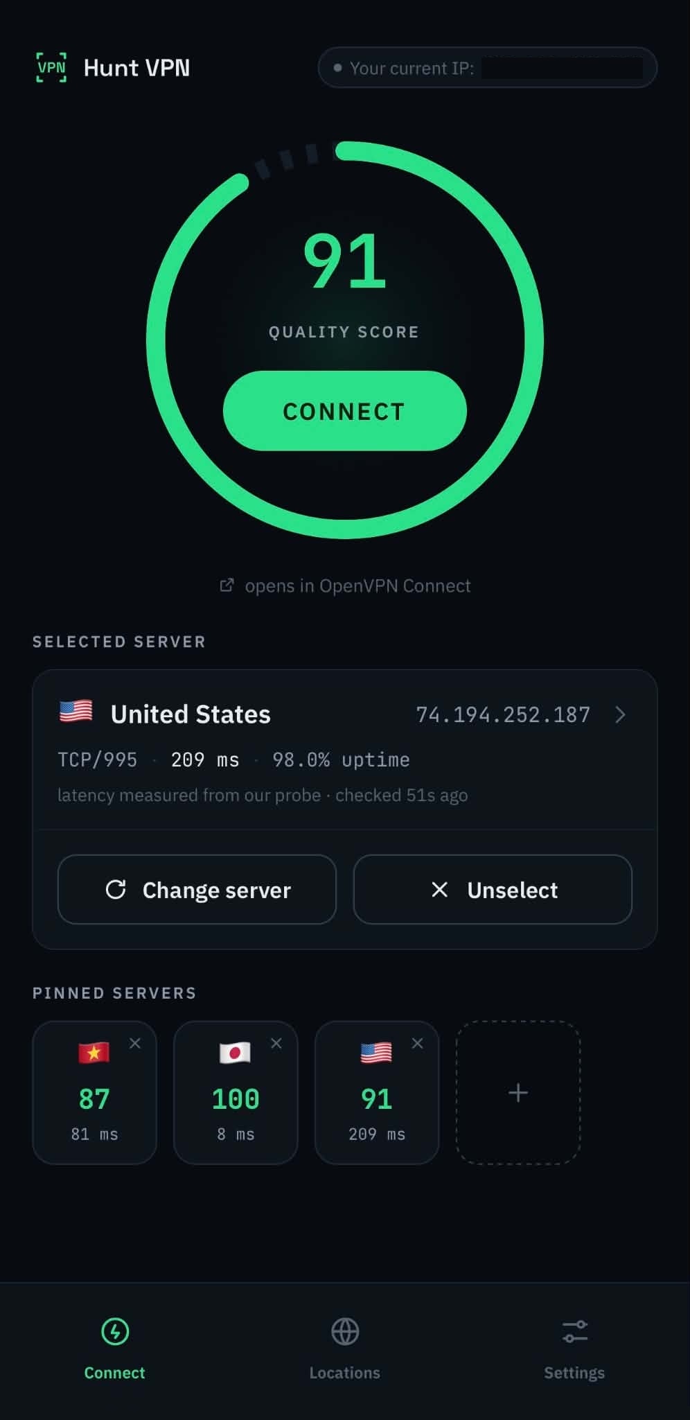 The Hunt VPN app on Android: a quality score of 91 above a Connect button, the selected United States server with its latency and uptime, and a row of pinned servers.